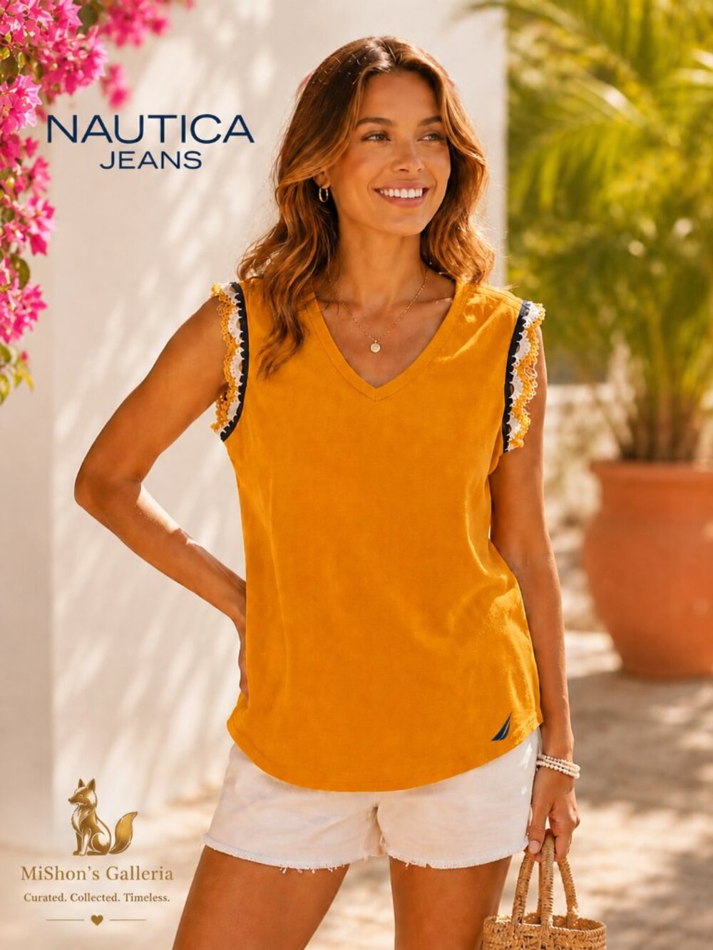 Nautica Jeans Butterscotch Sleeveless Crochet Trim Top L NWT